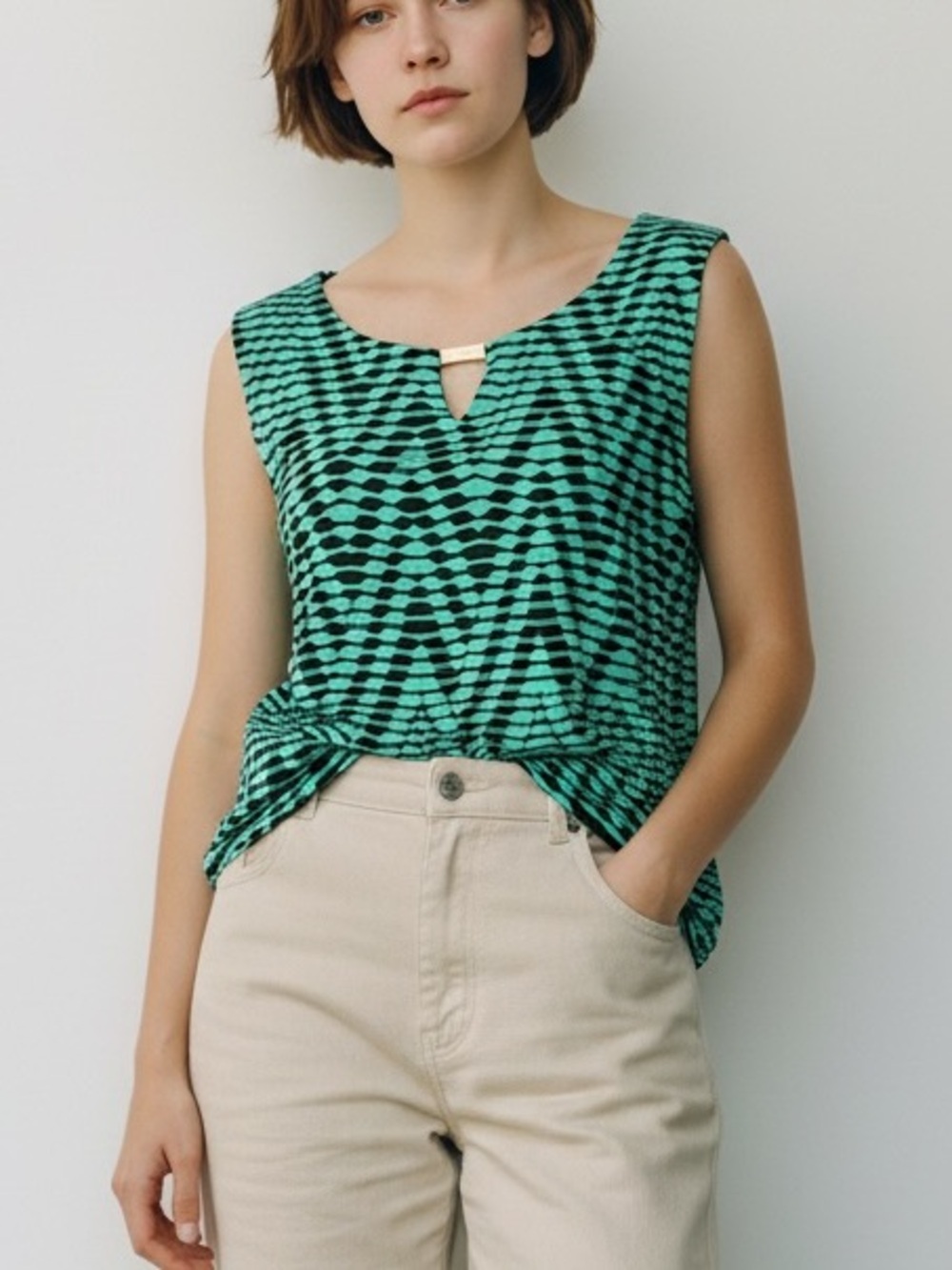 Teal Black Geometric Abstract Sleeveless Blouse Gold Bar Keyhole Retro Top -Cato